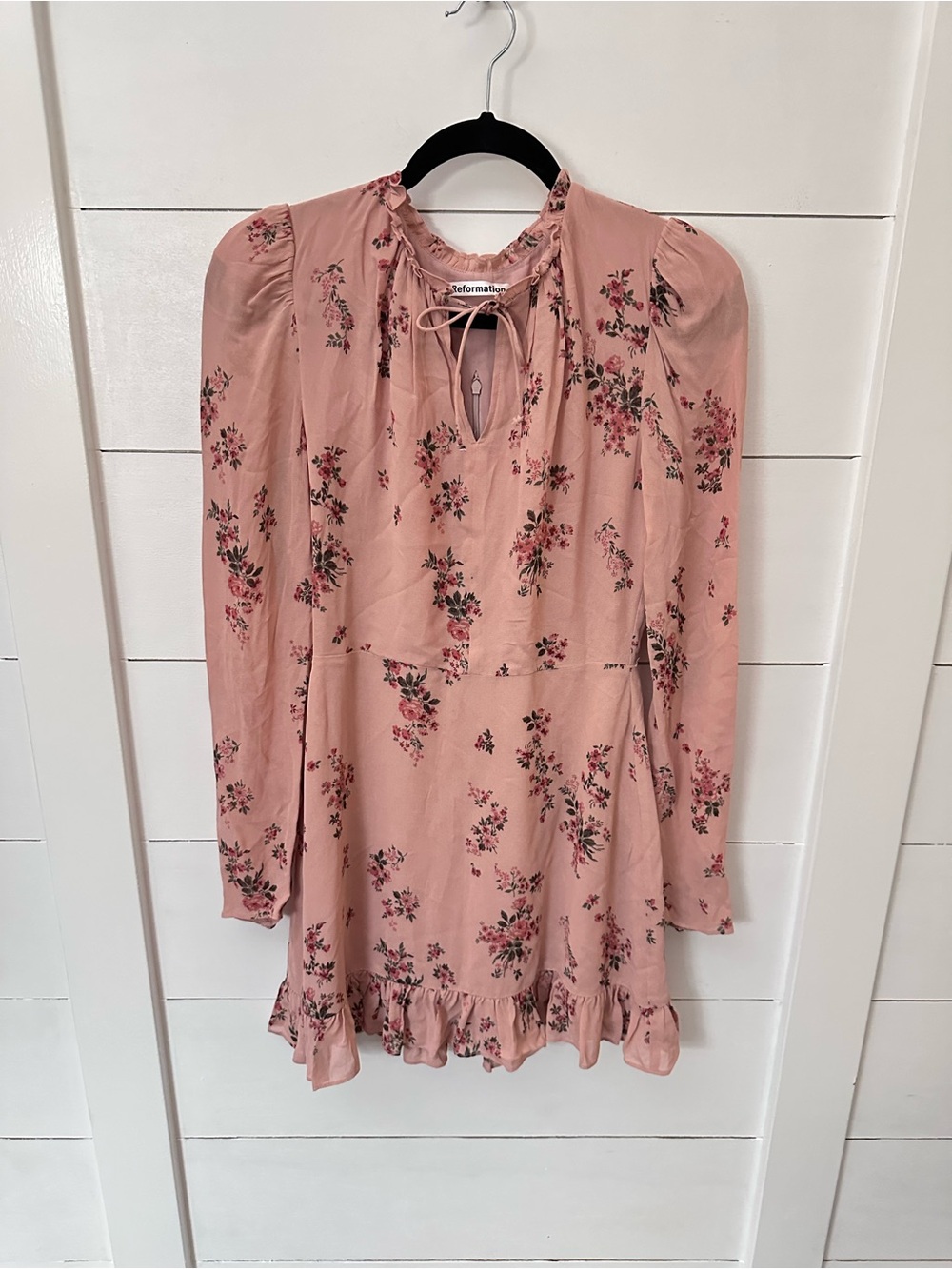 Reformation 4 Pink floral cotton ruffle detail tie neck long sleeve mini dress - Picture 2 of 16